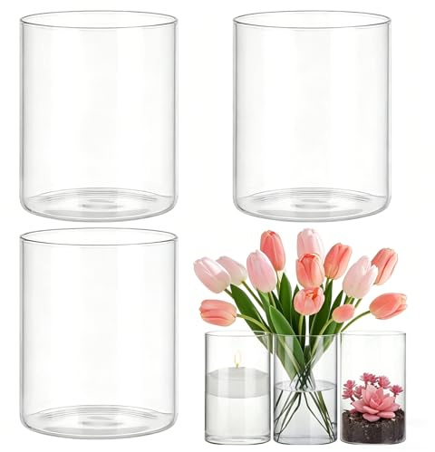 3 Stück Glasvase - 10x15 cm Glaszylinder Kerzengläser Glaszylinder für Kerzen, Blumenvase aus Borosilikat-Glas mit Boden, Durchsichtige Glasvase Zylinder für Blumen, Kerzen, Kieselsteine Muscheln Deko
