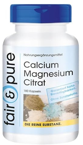 Fair & Pure Calcium Magnesium Citrat, 180 Kapseln, Nahrungsergänzungsmittel vegan ohne Magnesiumstearat, in Deutschland hergestellt