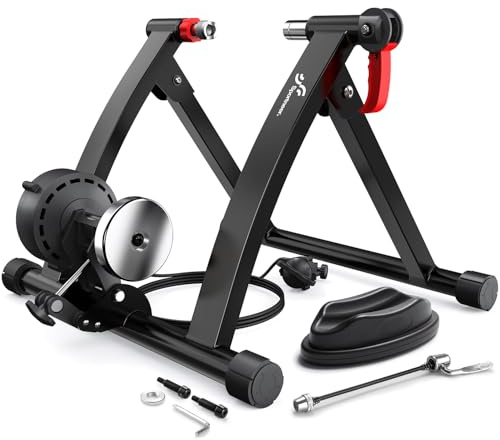 Sportneer Bike Trainer - Magnetic Stationary Bike Stand for 26-28 & 700C Wheels - Adjustable 6 Level Resistance Bike Trainer Stand for Indoor Riding with Quick Release Lever & Front Wheel Riser Block
