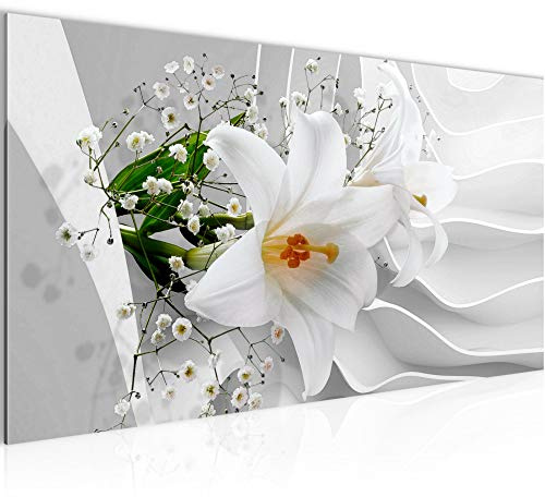 Runa Art Wandbild Blumen Lilie 3D 1 Teilig 100 x 40 cm Modern Bild auf Vlies Leinwand Illusion Wohnzimmer Weiss 210312a