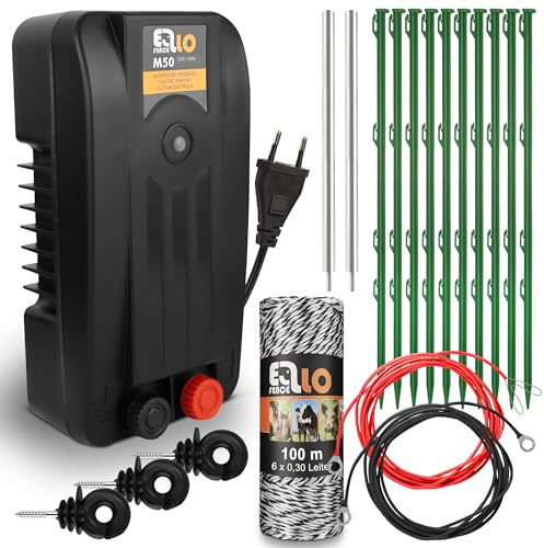 Ellofence Weidezaun Starter Set M - Starkes Weidezaungerät inkl. 100m Litze, 10 Zaunpfählen, Ringisolatoren & Erdung - Komplettset für Hunde, Katzen & Kleintiere
