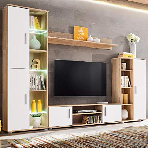 Tidyard Modernes Fernsehschrank, TV-Wohnwand mit LED-Leuchten aus Spanplatte, Sonoma Eiche und Weiß