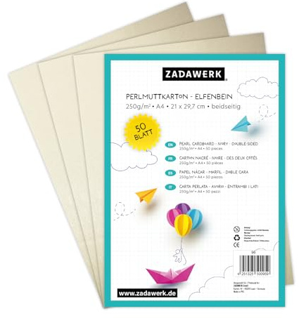 ZADAWERK® Pärlemorkartong – 250 g/m² – A4 – ivory – 50 ark – perligt skimrande tjockt dekorativt papper för att pyssla och trycka kort – bröllop – födelse