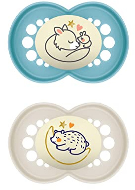 MAM Original Night - Juego de 2 tetinas, luminosas, respetuosas con los dientes, de materiales duraderos y biorrenovables, con caja de chupete para bebés de 6 a 16 meses, diseño de zorro, oso