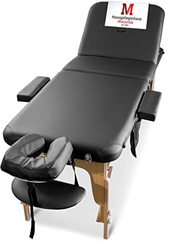 MASSUNDA – Mobile 3 Zonen Massageliege klappbar & höhenverstellbar – Stabiler Massagetisch aus Vollholz – All-Inkl. Massagebank mit ergonomischer Kopfstütze, Bezug, Armlehne, Kissen (Schwarz)