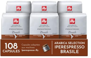 illy Coffee, Luxury Arabica Coffee Selection, iperEspresso Capsules, Brazil, 6 Pack of 18 Capsules | 100% Arabica with notes of Caramel and Dried Fruits, Intense flavor, 6 Packs of 18 Capsules