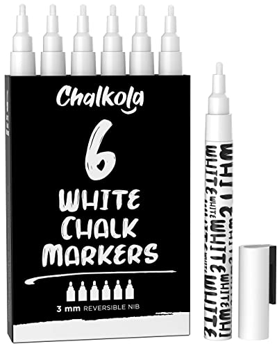 Chalkola Kreidestifte für Tafel Abwaschbar Weiß - 6 Kreidemarker Weiss 3mm Umkehrbare Spitze - Kreidestift Weiß für Fenster, Tafel, als Glasstift - Chalk Markers für Erwachsene und Kinder