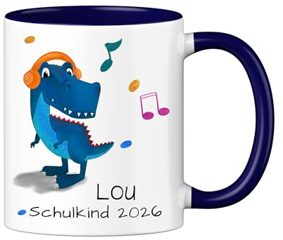 LOOXIS Personalisierte Tasse für Kinder mit Namen, Text & Motiv bedruckt – 325ml, Keramik, versch. Farben – Geschenkidee Jungen, Mädchen, Einschulung, Kindergarten - Blau, T-Rex
