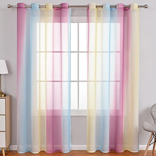 Gardinen Farbverlauf Lila Blau Gelb Transparent Kindervorhang Mädchen Junge | Regenbogen Sheer Vorhänge Durchsichtig Ösenvorhang Kindervorhänge Babyzimmer 2er Pack 140x160