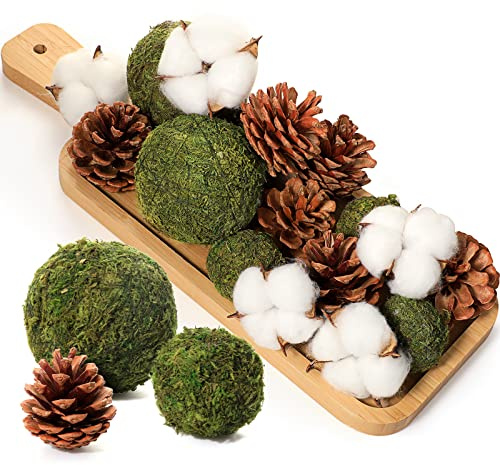 Jetec 18 Pcs Decorative Balls for Centerpiece Bowls Green Moss Balls Pine Cones for Decorating Cotton Balls Decorative Bowl Fillers for Garden Vase Bowl Home Party Table Farmhouse Rustic Decor