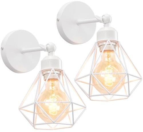 TOKIUS Lampada da Parete Interna Industriale Applique da parete Gabbia Interno E27 Metallo Lampadari e Plafoniere Cucina regolabile 180° Per Cucina Camera da letto (Bianco, 2 pezzi)
