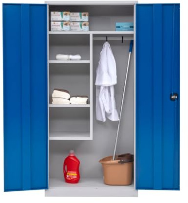 furni24 Metall Putzmittelschrank–Wäscheschrank aus Stahl mit blauen Türen Zweipunktverriegelung incl. 2 Schlüsseln Kleiderspind Stahl Lagerschrank Werkzeugschrank fertig montiert-Grau 92x195x42cm
