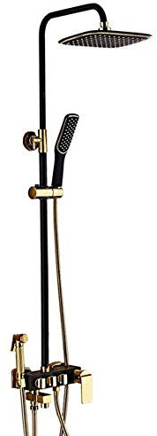 CAZARU Brausegarnitur Wandbrausegarnitur Schwarz mit Gold Duschsystem mit Messing-Duscharmatur Edelstahlkörper ABS-Duschkopf Handbrause Shattaf 1,5 m Brauseschlauch Thermostat