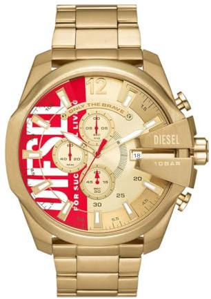 Diesel Reloj Mega Chief para Hombre, Movimiento cronógrafo con Correa de Acero Inoxidable, Tono Dorado y Rojo, 51 mm