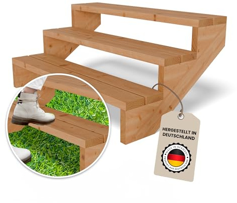 Gartenwelt Riegelsberger Terrassentreppe 3 Stufen Breite 120 cm Höhe 55 cm | Außentreppe aus Lärche natur für Terrasse & Garten | Komplett-Set mit Wangen, Bohlen & Edelstahlschrauben