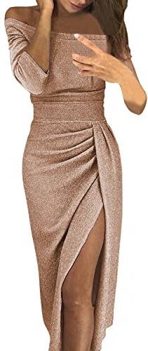 Vestido de cóctel para mujer, hombros descubiertos, cuello barco, fiesta de noche, Kawaii, otoño, boda, invitada, simple, fruncido, sólido, brillante, dobladillo dividido, vestido de cóctel, oro rosa,