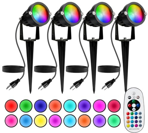 Halloween Christmas Spotlight Outdoor: 12W RGBW LED Spot Lights Outdoor with 16 Color Changing for Yard Garden Decor | 4 Pack of IP65 Waterproof 120V Plug in Landscape Lighting with Remote