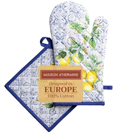 Maison d' Hermine Guanti da forno (19 cm x 33 cm) e presina (20 cm x 20 cm), set in 100% cotone, resistenti al calore per regali della festa della mamma, grigliate, cuocere, grigliate, agrumi,