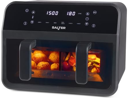Salter Dual View Air Fryer – 7 L Non-Stick Cooking Tray With Removable Divider, Large Family Size Capacity, Viewing Window, Digital LED Touch Display, 6 Functions, Hot Air Circulation, 2300 W
