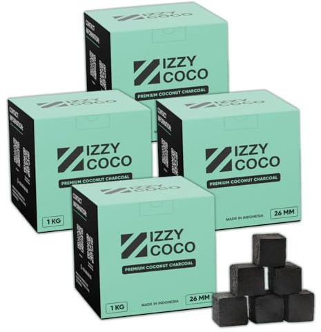 Izzy Coco 26mm - Carbón Premium Natural de Coco para Cachimba en Cubos de 26x26x26mm. (Pack de 4 kg) Alto Poder calórico, Larga Duración 120 min. Sin Olor y Sin Sabor. Fabricación 100% Natural.