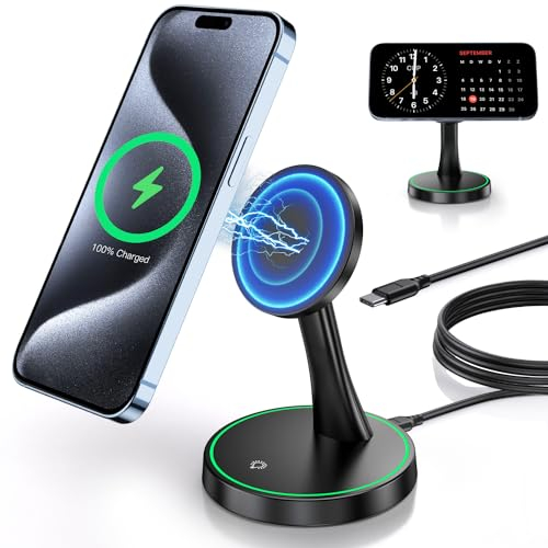 Magnetic Wireless Charger Stand 15W Fast Mag-Safe Charger for iPhone 17/16/15/14/13/12 Series Magnet Wireless Charging Station/Pad with Sleep-Friendly Light for AirPods 4/3/Pro/Pro 2