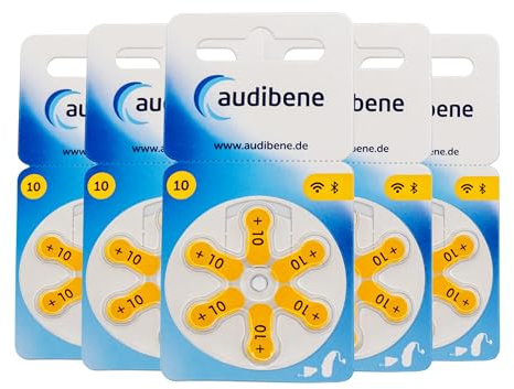 audibene Hörgerätebatterien Typ 10 gelb, Batterien für Hörgeräte 30 Stück Vorratspack, Made in Germany, inkl. GRATIS Reinigungstuch, Wireless Approved, quecksilberfrei