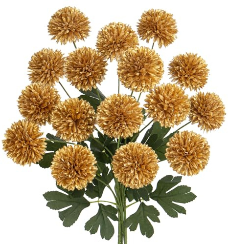 Oairse 4pcs Artificial Chrysanthemum Flower Bunches with 60cm Long Stem Chrysanthemum Ball Flowers Gold Silk Hydrangea Bridal Wedding Bouquet Floral Arrangement for Home Wedding Office Party Decor