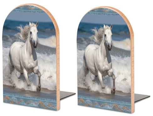1 Paar Buchstützen aus Holz, weißes Pferd, das auf dem Meer läuft, große Kapazität, Büro-Buchstützen mit Metallsockel, Buchstützen, dekoratives Bücherregal, Organizer für Geschenk, Zuhause, Büro,
