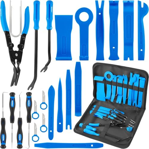 TECPO Set di leve di montaggio, set di attrezzi interni, 24 pezzi, robuste leve e pinze per auto e carrozzeria, smontaggio delicato di clip, rivestimenti e modanature, con custodia, ergonomiche