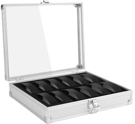 CROWNSHOP Watch Box 12-Slot Watch Display Storage Case Aluminium Watch Case with Removable Watch Cushion Display Lid Velvet Lining Metal Clasp for Men Women (Silver)