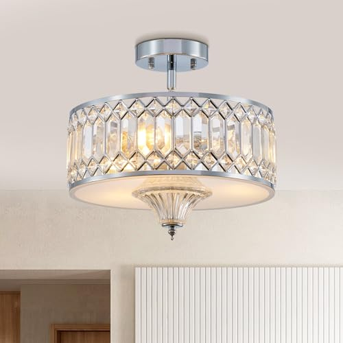 Majhoiw 33cm Moderne 3-Licht Kristall-Kronleuchter Verchromt | Runde Trommel-Deckenlampe, Für Schlafzimmer/Wohnzimmer/Esszimmer/Küche