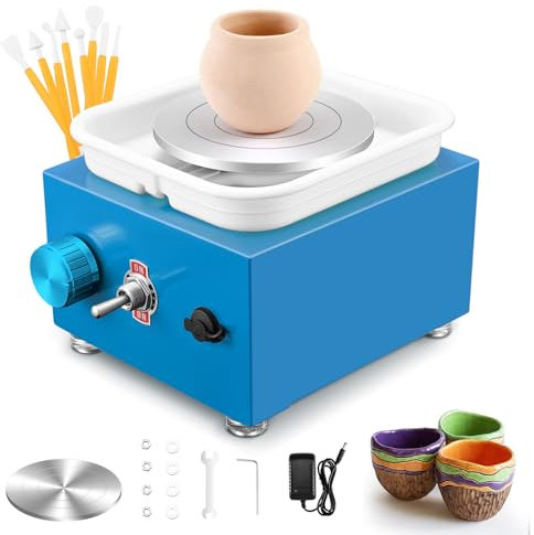 MINENICE Mini Töpfermaschine, 2000RPM Einstellbare Geschwindigkeit Metall-Drehteller Töpferscheibe von 10/6.5CM Tonformungswerkzeugen und ABS-Becken Geliefert Geeignet für Töpfer-Heimwerker (Blau)