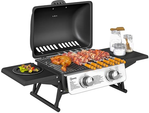 Outsunny Barbecue gaz de table transportable, 2 brûleurs 5,6 kW, barbecue gaz de camping avec grille de cuisson, étagères latérales, couvercle, thermomètre, pour camping, jardin et balcon, noir