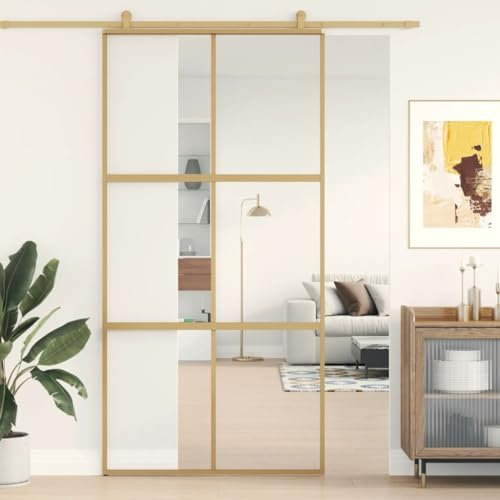 Gecheer Porta Scorrevole Oro 102,5x205 Vetro Trasparente ESG Alluminio,Porta da Interni,Porte Interne,Porta Interna in Vetro,Porta per Bagno Cucina Studio,P155156