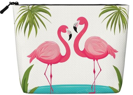 JEKYDOSD Palm Leaf And Flamingos Couple Print Fake Hemp Makeup Bag Waterproof Imitation Hemp Bag For Daily Life, Travel, And More