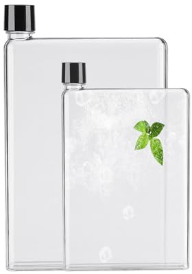 Lot de 2 pcs bouteilles d'eau plates, 420/750 ml transparente A5 gourde verre, Bouteille D'Eau Plate éTanche pour L'éCole, Les ActivitéS En Plein Air, La Gym, Le Cyclisme, La RandonnéE (Transparent)