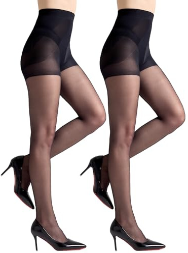 Aaronano 2 Pairs Tummy Control Tights for Women 20 Denier Sheer Shaper Tights High Waisted Slimming Pantyhose (Black, M)