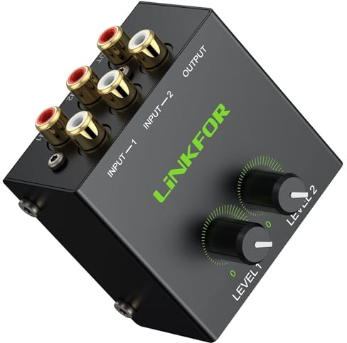 LiNKFOR Passive RCA Audio Mixer - 2 Channel Stereo Mixer with Gold-Plated RCA Connectors, Independent Volume Control audio mixer, Compact Metal Body for Amplifiers and Speakers