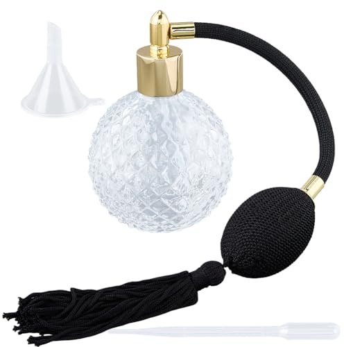 GORGECRAFT Flacons de Parfum en Cristal Transparent de 100 ML Flacon Vaporisateur Vintage Rechargeable en Verre Vide Long Vaporisateur à Pompons Pompe avec Entonnoir et Compte Gouttes Lotion Huile