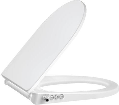 SAMODRA Bidet Toilet Seat for UK - Non-Electric Bidet Attachment with Self-Cleaning Dual Nozzle - Soft Close & Quick Release Hinges (D Shape - Button)