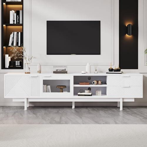 FammyLoft 200cm TV Lowboard mit 2 Türen und 2 Schubladen, Stilvolle TV Schrank für 80-Zoll, Fernseher Schrank für Wohnzimmer, TV-Tisch, TV-Ständer, Weiß