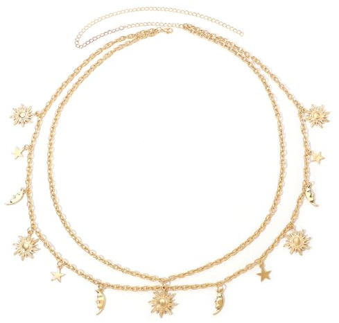 TRKETK Cintura da Donna in Metallo a Doppio Strato, Elegante Cintura a Catena con Decorazione Sole e Luna Catena in Vita con Luna e Stella per Pantaloni, Vestito, Cappotto, Jeans, Maglione
