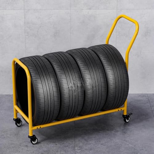 TT-YEC 2-In-1-Metallreifenspeicher Und Transportwagen Mit 4 Universalrädern, Stahl-Multitire-Lagerregal, Garage Rolling Tire Rack, Ladung 100 Kg,Gelb