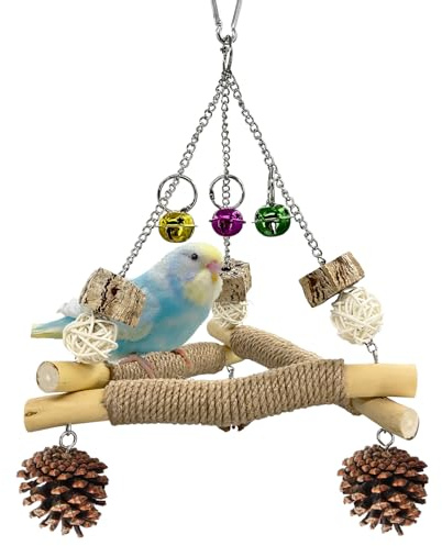 New with Bell! Wooden Bird Swing for Cage, 3-in-1 Hanging Parrot Toy with Chew Toys, 3 Sisal Perches & Stable Triangle Design for Parakeets, Cockatiel, Conures, Lovebirds, Quaker Parrots