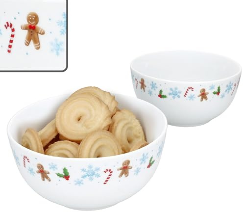 MamboCat Candyman 2er Set Gebäckschalen Ø 14 cm I 420 ml Porzellan-Schalen mit Lebkuchenmann, Zuckerstangen & eisblauen Schneeflocken I für Gebäck, Kekse & Snacks I Weihnachten