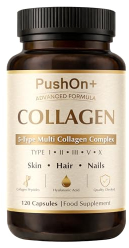 PushOn+ Advanced Formula Collagen Capsules – 5-Type Multi Collagen Complex with Hyaluronic Acid – Food Supplement for Skin, Hair & Nails – 120 Capsules