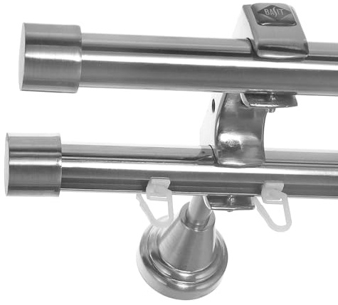 BASIT Gardinenstange Innenlauf Edelstahllook 20mm 2-läufig Wand 240cm H60RI | Gardinenstangenset doppelläufig Wandmontage Metall Vorhangstange Wandhalterung 120-600cm wählbar Kappe E30