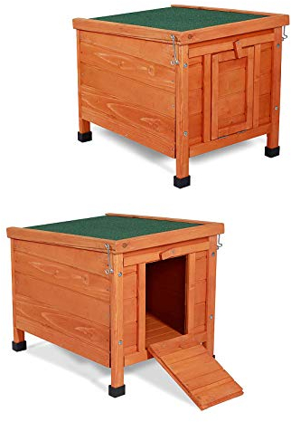 lionto Kaninchenstall aus Holz mit Zwei Eingängen, 43x43x52 cm, wasserabweisendes klappbares Bitumendach & Kunststofffüße, Hasenstall innen & draußen, Winterfest