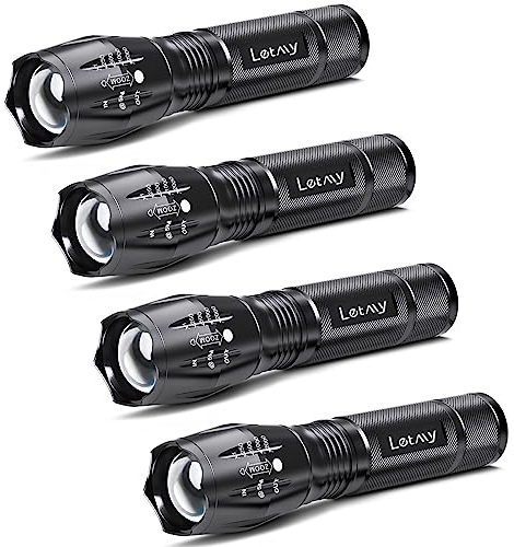 LETMY LED Tactical Flashlight S2000 [4 Pack] - High Lumens, Zoomable, 5 Modes, Waterproof Handheld LED Flashlight - Best Camping, Outdoor, Emergency, Everyday Flashlights