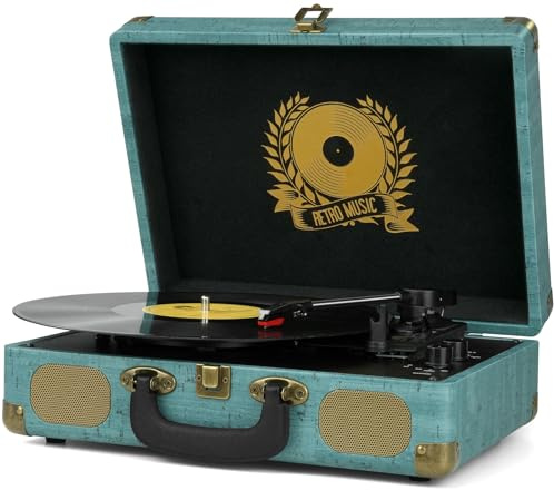 Record Player Vintage 3-Speed Bluetooth Vinyl Turntable with Stereo Speaker, Belt Driven Suitcase Vinyl Record Player,Military Green